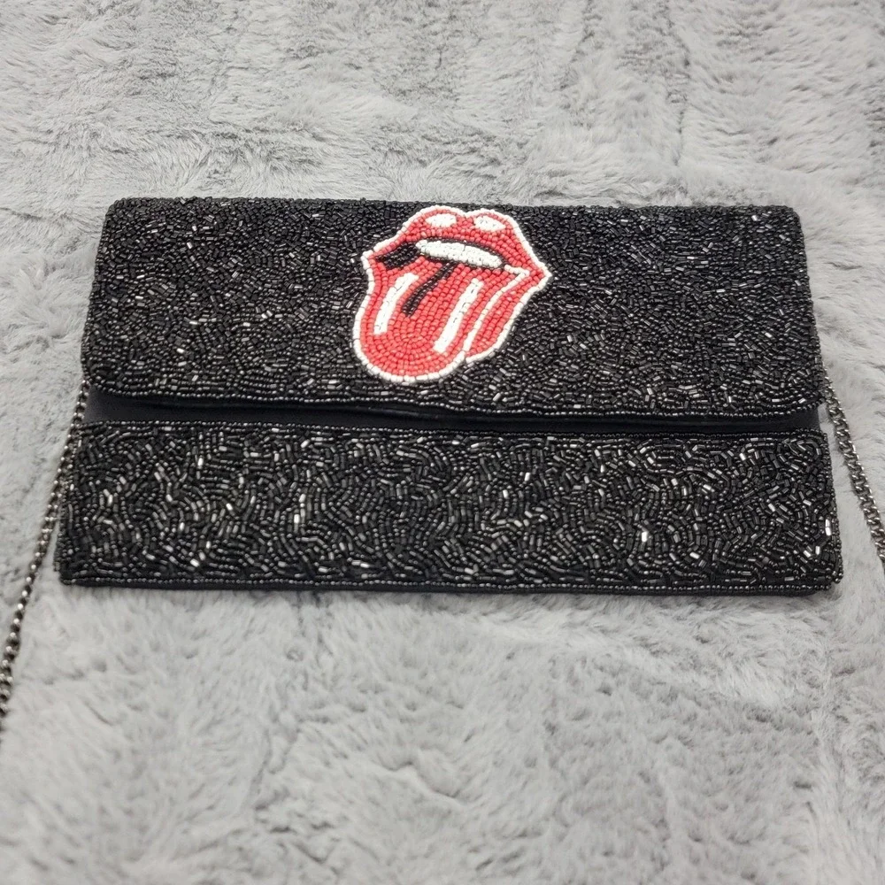 Rolling Stones Beaded Tongue Clutch Bag Womens Small Black Chain Crossbody Purse
